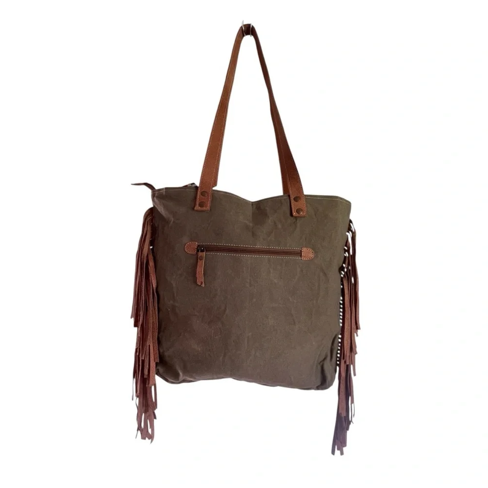 Olay Canvas Shoulder Bag Hair On Cowhide Leather Tote Aztec Fringe Neutral Color - Picture 7 of 9